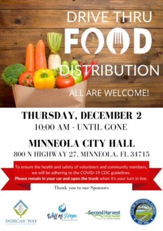 Free Food Distribution Event Flyer: Drive Thru Food Distribution, December 2nd at 10:00a.m. Minneola City Hall